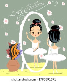 Cute little Ballerina in a front of the mirror. Wallpepers with flowers. Asian dark hair girl. Vector illustration. 