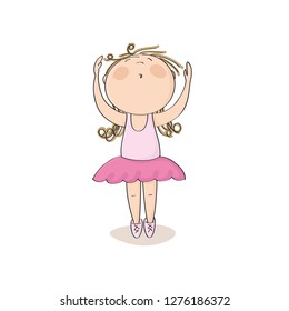 Cute little ballerina girl dancing on her toes with hands up in the air - original hand drawn illustration