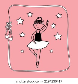 Cute little ballerina girl on pink background , ribbon frame with pointe shoes.