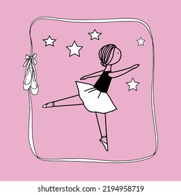 Cute little ballerina girl on pink background , ribbon frame with pointe shoes.