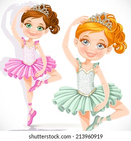 Cute little ballerina girl in pink and green tutu and tiara isolated on a white background