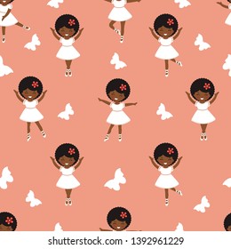 Cute little ballerina girls dancing. Seamless pattern of figures in different poses.