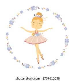 cute little ballerina in a pink dress and flowers, cartoon style