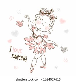 A cute little ballerina in a pink tutu is dancing. Vector