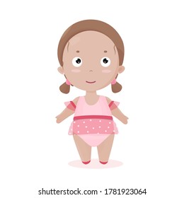 Cute little ballerina in pink tutu skirt. Smiling girl in dancing shoes. Flat vector.