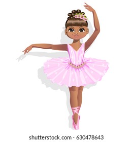 cute little ballerina in a pink tutu and pointe shoes. Beautiful black girl dancing ballet. Vector illustration.