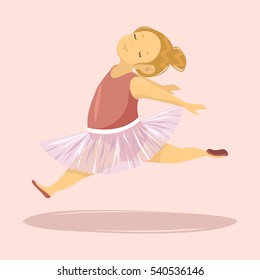 A cute little ballerina in a pose. The tutu. Smile on her face, her hair in a bundle. Vector cartoon illustration. Character