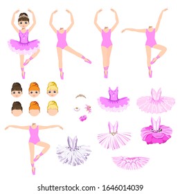 Cute little ballerina with a set of dresses. Vector set for creating a character.
