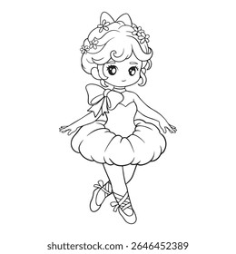 Cute little ballerina in tutu. Black and white vector illustration for coloring book.