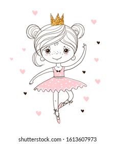 Cute Little Ballerina In Tutu And Pointe Shoes. The Princess Girl Is Dancing In A Pink Dress. A Beautiful Linear Poster About The Ballet For The Nursery. Doodle Vector Illustration.