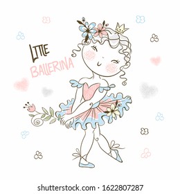 A cute little ballerina in a tutu poses beautifully. Vector.