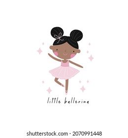 Pequeño balerino lindo - impresión vectorial en estilo plano. Pequeña bailarina en zapatos de punta. La princesa está bailando - ballet para la guardería