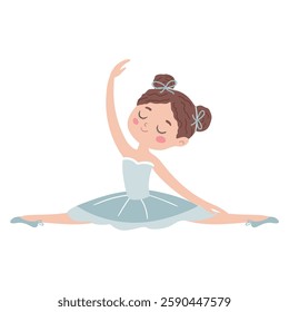 Cute little ballerina in a white tutu. Stretching, girl doing the twine. Cute illustration in a childish style.Vector illustration.