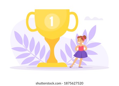 Cute Little Ballerina with Winner Cup, Ballet Dancer Girl Taking Part in Competitions Cartoon Vector Illustration