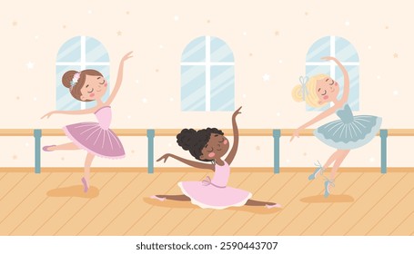 Cute little ballerinas in ballet class. Ballet school. Vector illustration