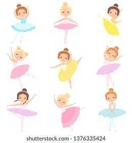 Cute Little Ballerinas Dancing Set, Lovely Girls Ballet Dancers Characters in Tutu Dress Vector Illustration