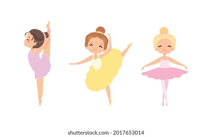 Cute Little Ballerinas Dancing Set, Adorable Little Girls Training at Lesson Cartoon Vector Illustration