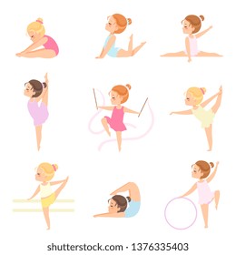 Cute Little Ballerinas Doing Exercises Set, Girls Gymnasts Characters Training in Leotards Vector Illustration