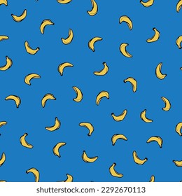 Cute little banana vector repeat pattern. Yellow bananas on a blue background. Vector seamless repeat pattern. Tiled blue and yellow fruit pattern background. Delicious healthy food. 