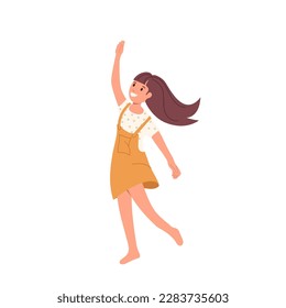 Cute little barefoot girl child character dancing expressively smiling happily isolated on white