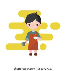 Cute little barista. Boy barista isolated. Vector illustration. Barista boy with a milk cup to coffee in hands.