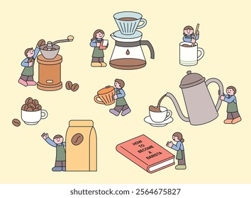 Cute little barista characters making coffee. Various tasks of making coffee. Cuttiny character with outline.