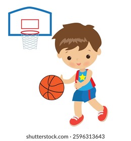 Cute little basketball  boy vector cartoon illustration