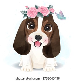 Cute little Basset Hound with floral illustration