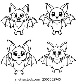 Cute little bat cartoon bundle isolated premium design illustration coloring page for kids