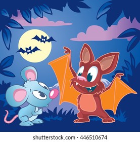 Cute little bat explains to little mouse how to fly. Vector illustration