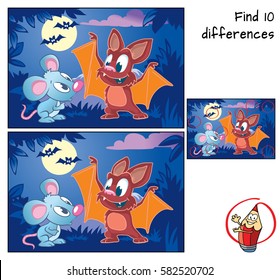 Cute little bat explains to little mouse how to fly. Find 10 differences. Educational game for children. Cartoon vector illustration.