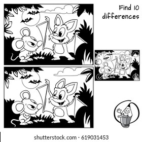 Cute little bat explains to little mouse how to fly. Find 10 differences. Educational game for children. Black and white cartoon vector illustration