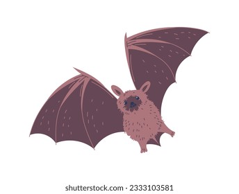 Cute little bat flying, cartoon flat vector illustration isolated on white background. Spooky Halloween holiday decoration. Adorable animal, great for kids and nursery designs.