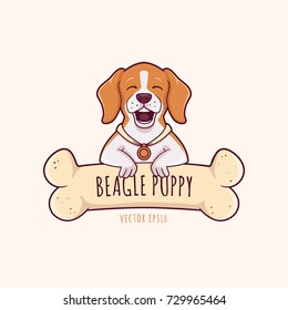 Cute little beagle dog puppy smiling with large chewing bone vector cartoon illustration