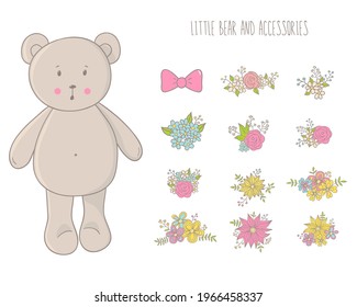 Cute little bear with accessories.  Ideal for baby showers, birthday, decorations of baby room. You can make posters, greeting cards, invitations, banners, stickers, print on clothes.