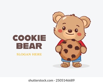 Pequeño bebé lindo del oso con la galleta del chocolate aislada. Personaje gracioso. Cartel, impresión, Plantilla. prima de Ilustración vectorial.