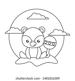 cute little bear baby with jingle bell in landscape