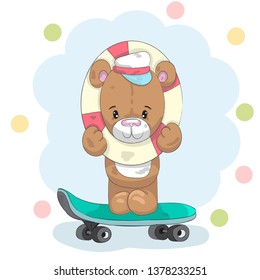 Cute little bear baby on a skateboard