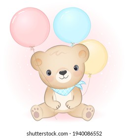 Cute little bear with balloon hand drawn animal cartoon illustration