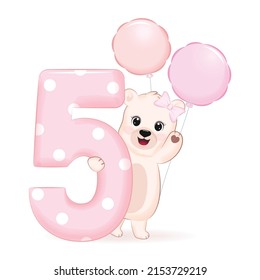 Cute Little Bear and balloon, Happy Birthday 5 years old