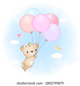 Cute Little Bear with balloons and birds, cartoon animal watercolor illustration