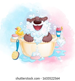A cute little bear in the bath makes a beard from soapy foam and laughs. Fun bathing baby. Vector cartoon character on a watercolor background.