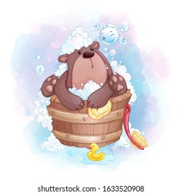 Cute little bear bathes in a wooden bath and plays with soap bubbles. Vector children's cartoon character on a watercolor background.