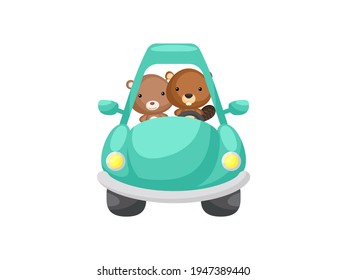 Cute little bear and beaver driving emerald car. Cartoon character for childrens book, album, baby shower, greeting card, party invitation, house interior. Vector stock illustration.