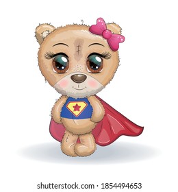 Cute little bear with big eyes in a cloak by a super hero, greeting card illustration.