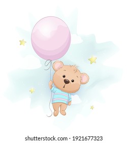 Cute little bear with big pink balloon. Adorable bear cartoon character. Stock vector illustration