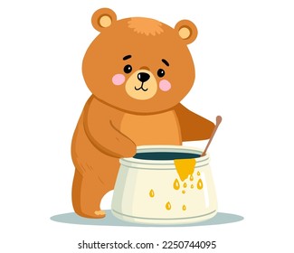 cute little bear with a big pot of honey and a spoon. cute bear breakfast.