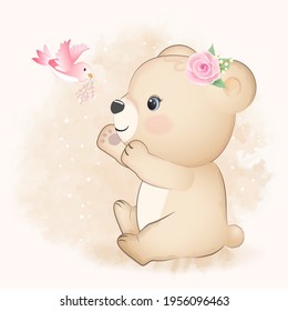 Cute Little Bear with bird hand drawn cartoon animal watercolor illustration