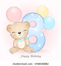 Cute little Bear birthday party with number, greeting card illustration