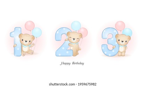 Cute little Bear birthday party with number 1 to 3 illustration